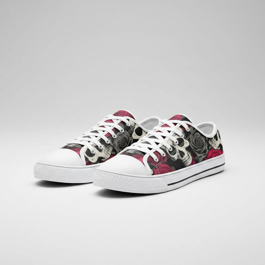 Freaky Shoes® low-top canvas sneakers featuring a black and red skulls and roses print with white laces and soles.