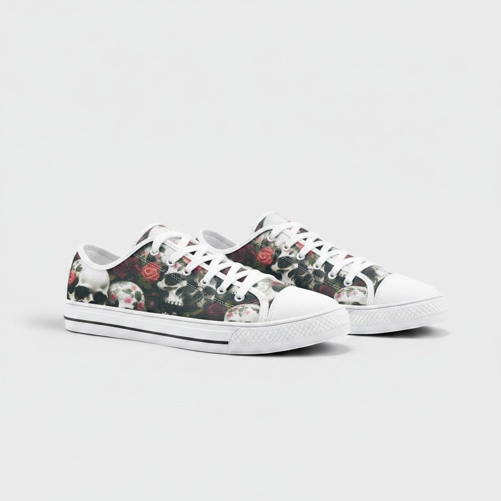 Freaky Shoes® Skulls & Roses canvas sneakers with a bold floral and skull print, white laces, and rubber toe caps.