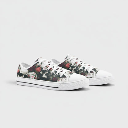 Freaky Shoes® Skulls & Roses canvas sneakers with a bold floral and skull print, white laces, and rubber toe caps.