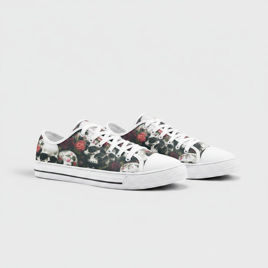 Freaky Shoes® Skulls & Roses canvas sneakers with a bold floral and skull print, white laces, and rubber toe caps.