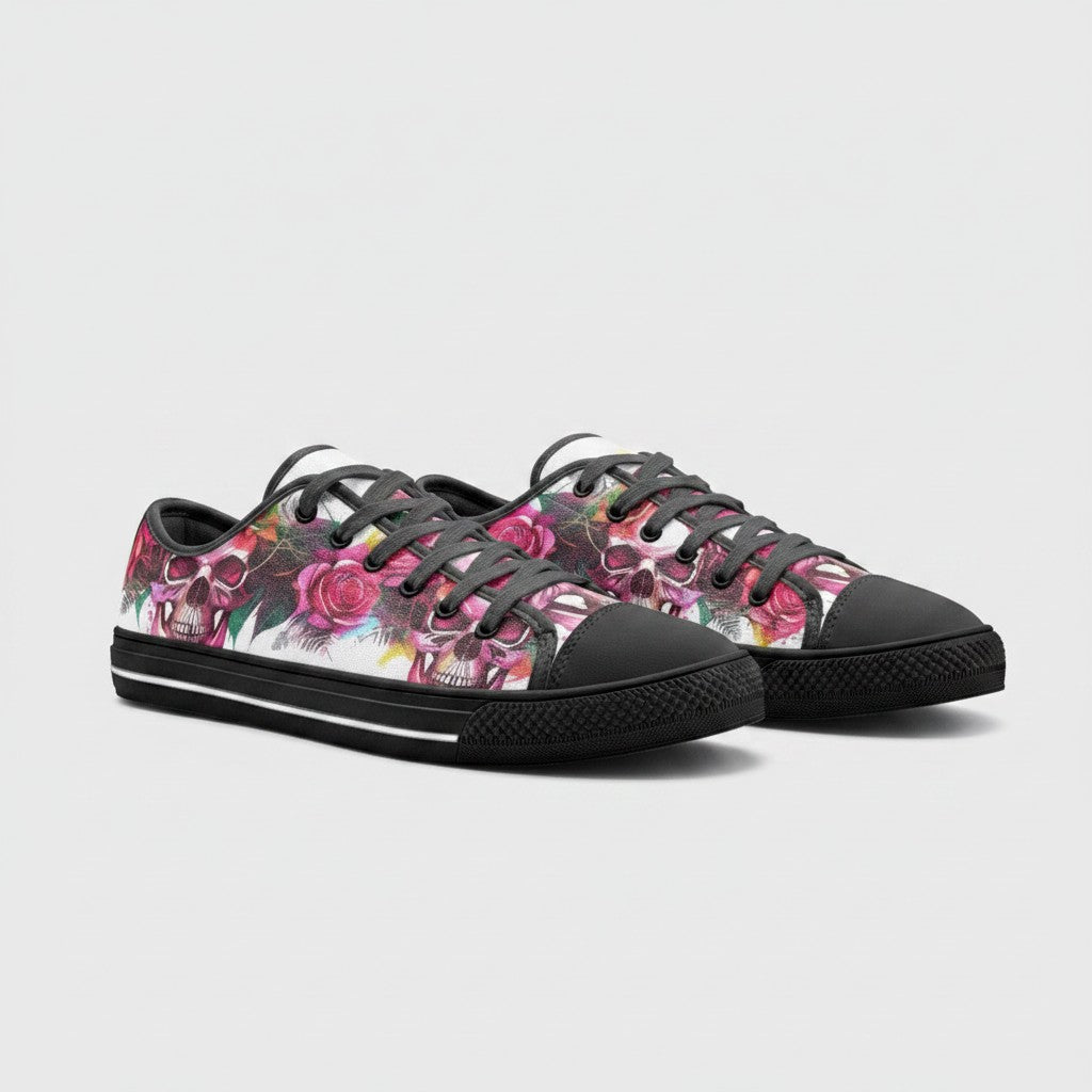 Freaky Shoes® custom high-top canvas sneakers featuring a vibrant skulls and roses print with black lace-up closure.