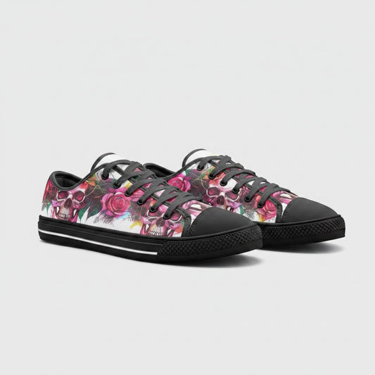 Freaky Shoes® custom high-top canvas sneakers featuring a vibrant skulls and roses print with black lace-up closure.
