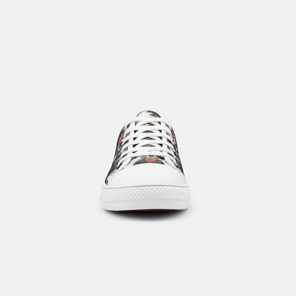 Freaky Shoes® Skulls & Roses high-top canvas sneakers featuring a vibrant floral and skull print, front view.