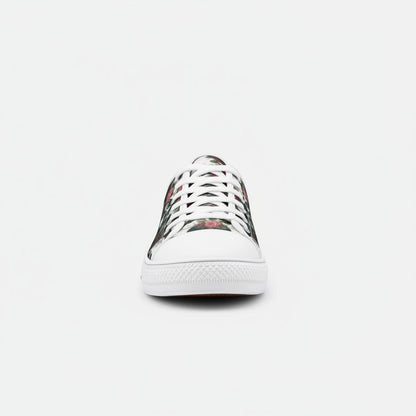 Freaky Shoes® Skulls & Roses high-top canvas sneakers featuring a vibrant floral and skull print, front view.