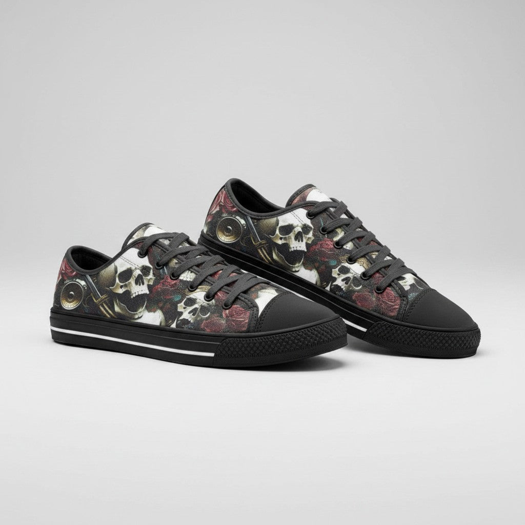 Freaky Shoes® custom canvas high-top sneakers featuring a bold skulls and roses print with black lace-up details.