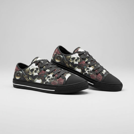Freaky Shoes® custom canvas high-top sneakers featuring a bold skulls and roses print with black lace-up details.