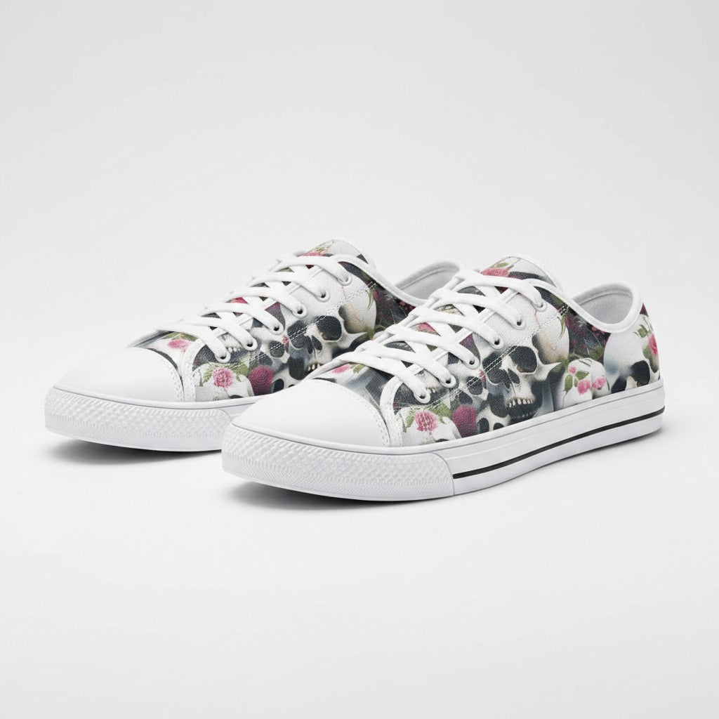 Freaky Shoes® canvas low-top sneakers featuring a vivid skulls and roses print with white laces and rubber soles