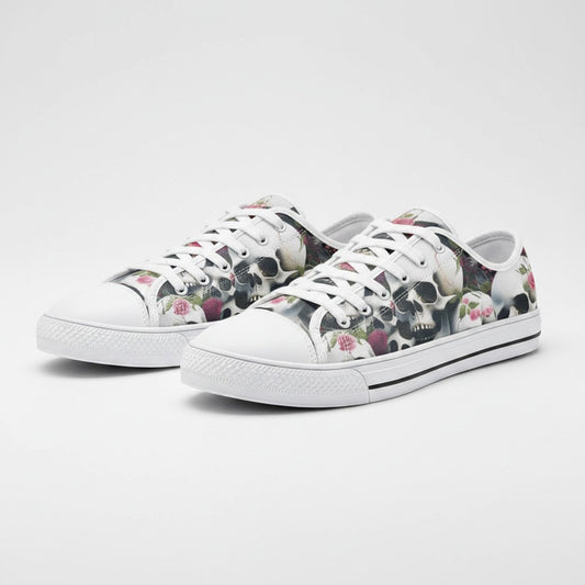 Freaky Shoes® canvas low-top sneakers featuring a vivid skulls and roses print with white laces and rubber soles