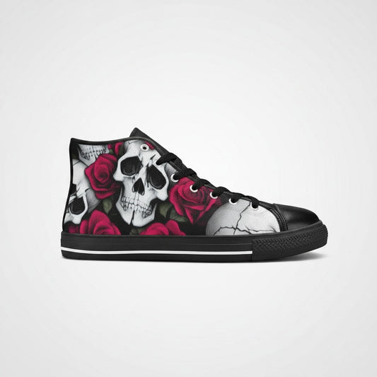 Freaky Shoes® men's high-top canvas sneakers featuring a bold black, white, and red skull and rose graphic print.