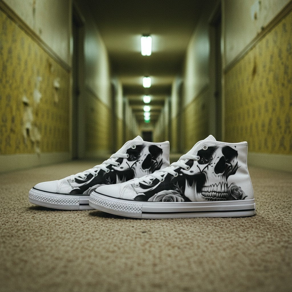 Freaky Shoes® women's high-top canvas shoes featuring a black and white skulls and roses print in a hallway setting.