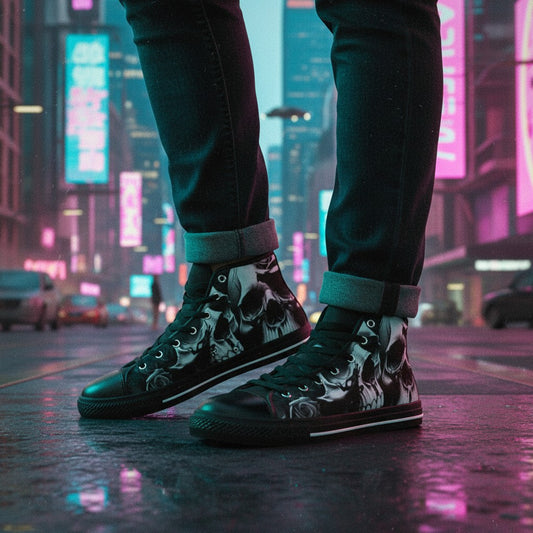 Freaky Shoes® women's black and white high-top canvas sneakers featuring a greyscale skulls and roses print