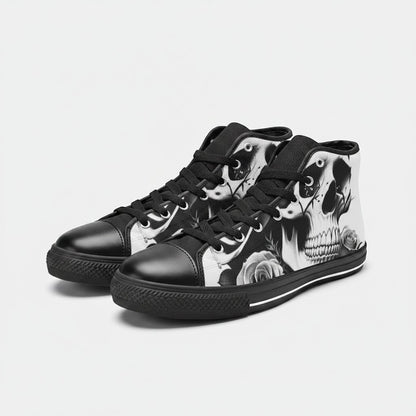 Freaky Shoes® black and white high-top canvas sneakers featuring a detailed skull and rose graphic print