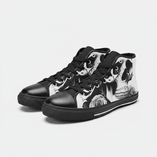 Freaky Shoes® black and white high-top canvas sneakers featuring a detailed skull and rose graphic print