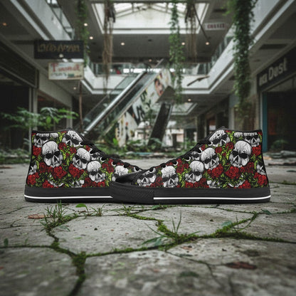 Freaky Shoes® high-top canvas sneakers featuring a vibrant skull and red rose print on a black background.
