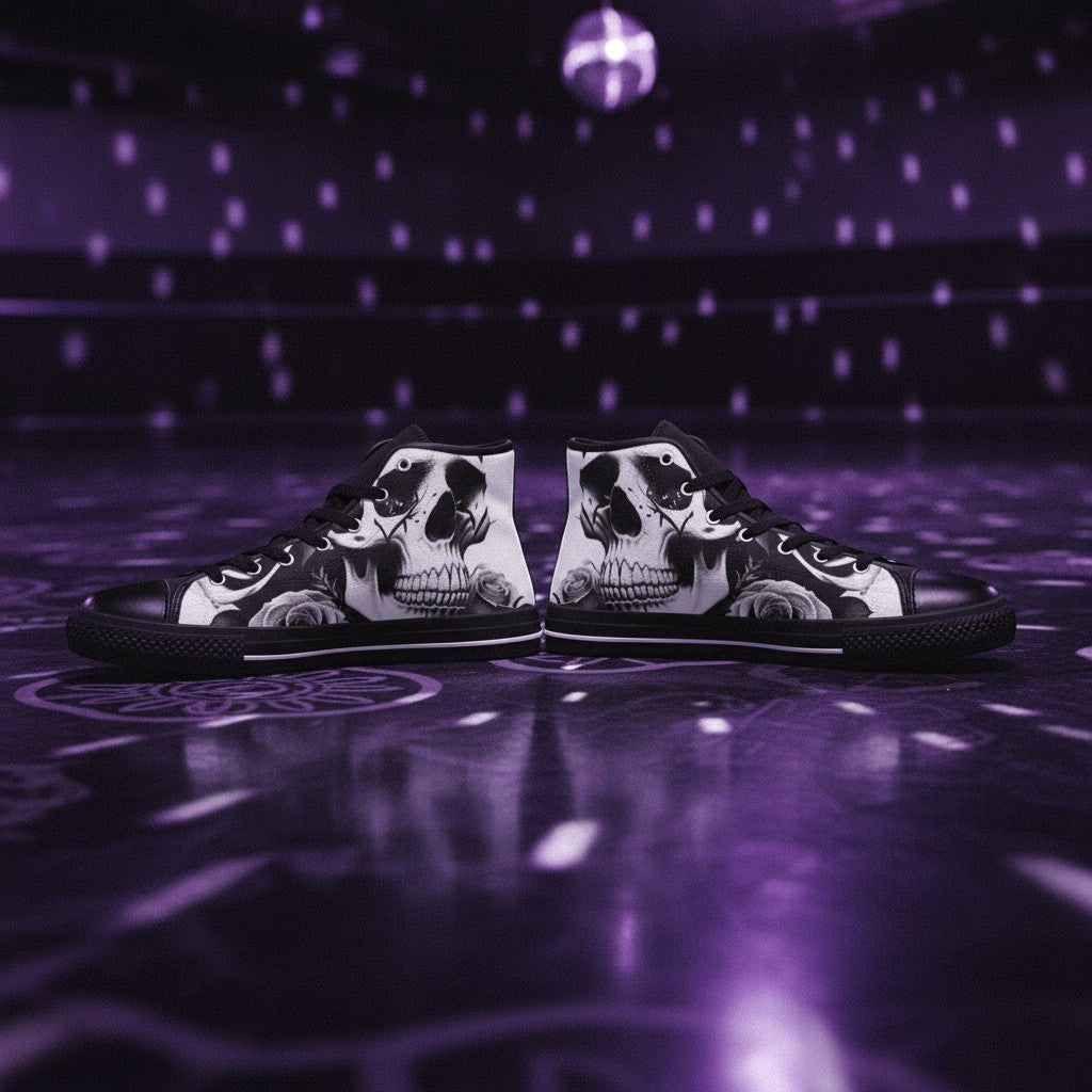 Freaky Shoes® high-top canvas sneakers featuring a black and white skulls and roses print on a dark purple stage.
