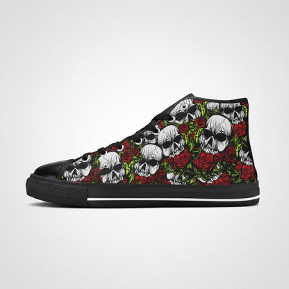 Freaky Shoes® men's high-top canvas sneakers featuring a black, white, and red skulls and roses graphic print.