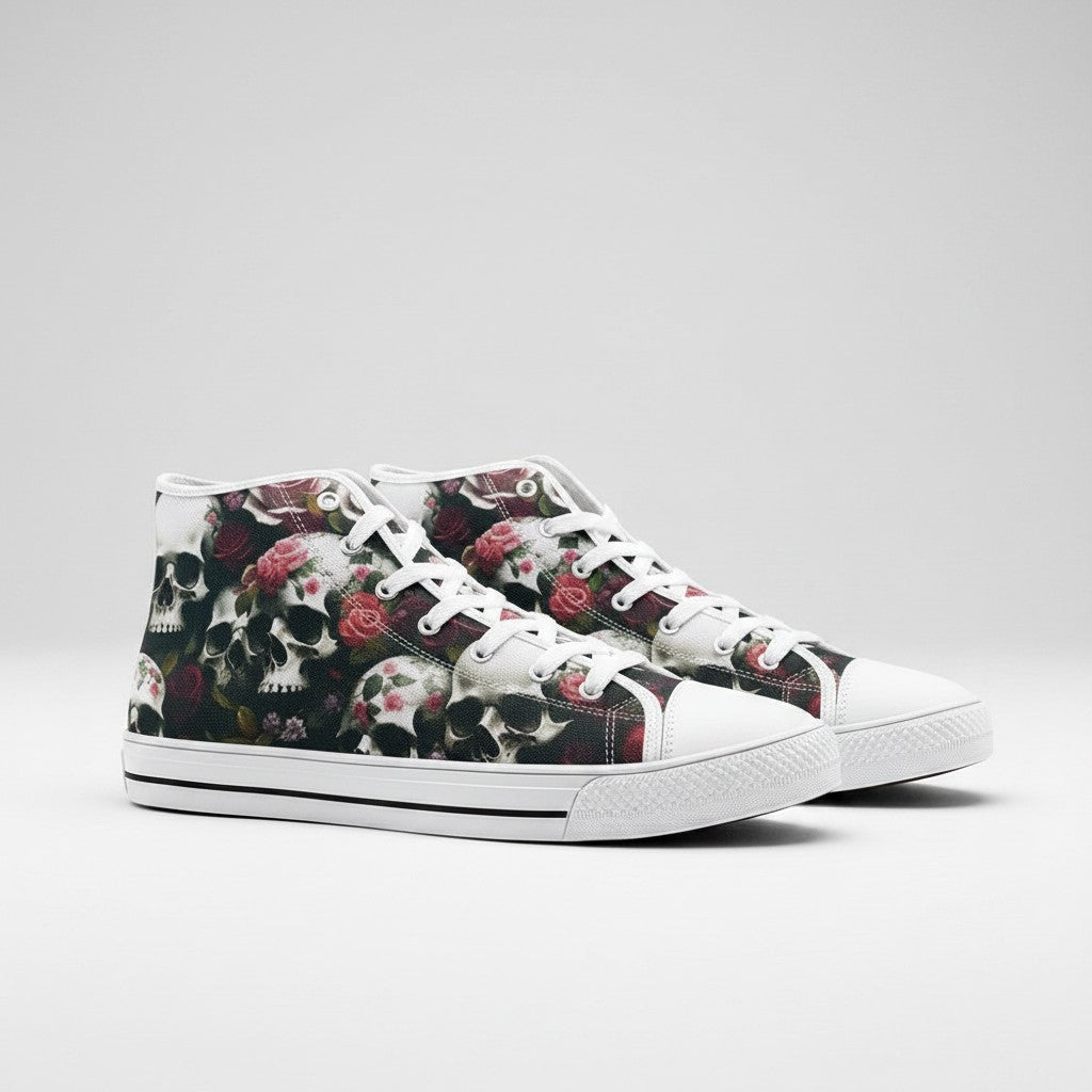 Freaky Shoes® high-top canvas sneakers featuring a gothic skulls and red roses print with white laces and rubber soles.