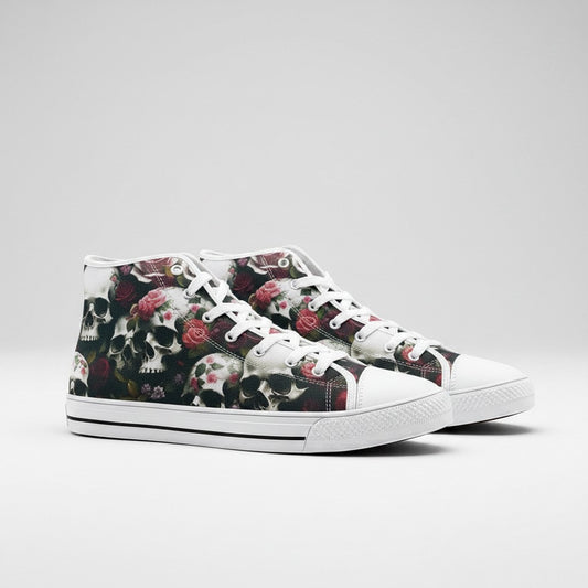 Freaky Shoes® high-top canvas sneakers featuring a gothic skulls and red roses print with white laces and rubber soles.