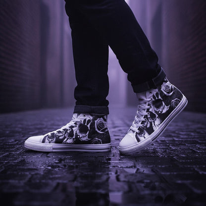 Freaky Shoes® high-top canvas sneakers featuring a black and white greyscale skull and rose print on a wet street.