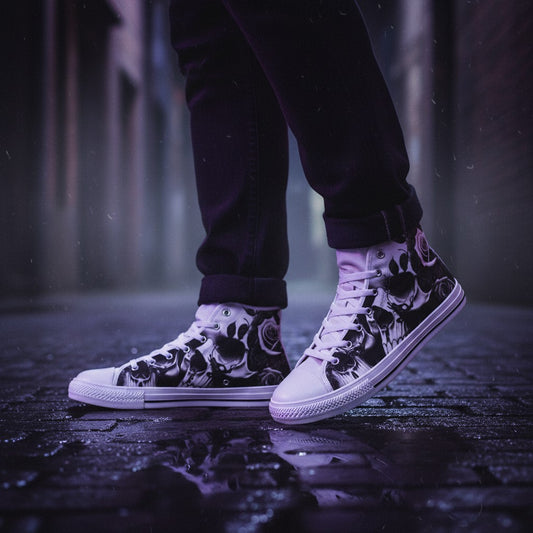 Freaky Shoes® high-top canvas sneakers featuring a black and white greyscale skulls and roses print on a wet street