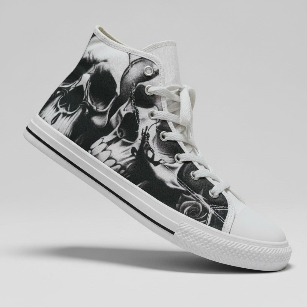 Freaky Shoes® women's high-top canvas sneakers featuring a black and white greyscale skull and rose print design.
