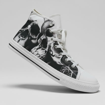 Freaky Shoes® women's high-top canvas sneakers featuring a black and white greyscale skull and rose print design.