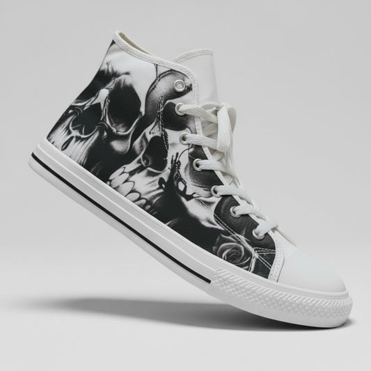 Freaky Shoes® women's high-top canvas sneakers featuring a black and white greyscale skull and rose print design.