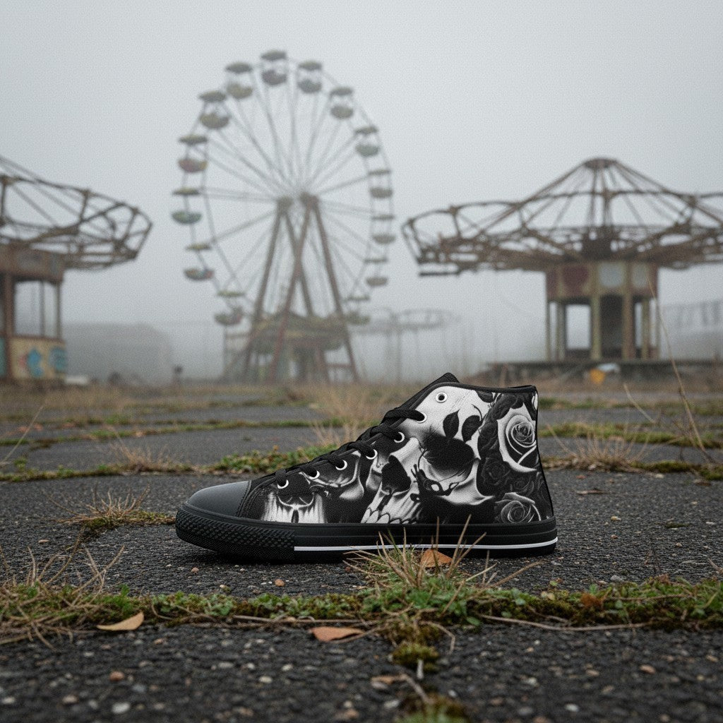 Freaky Shoes® black and white high-top canvas sneakers featuring a detailed greyscale skulls and roses print.