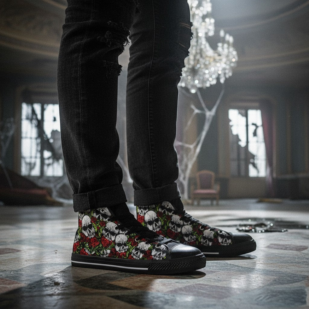 Freaky Shoes® high-top canvas sneakers featuring a gothic skulls and red roses print, worn with black distressed jeans.