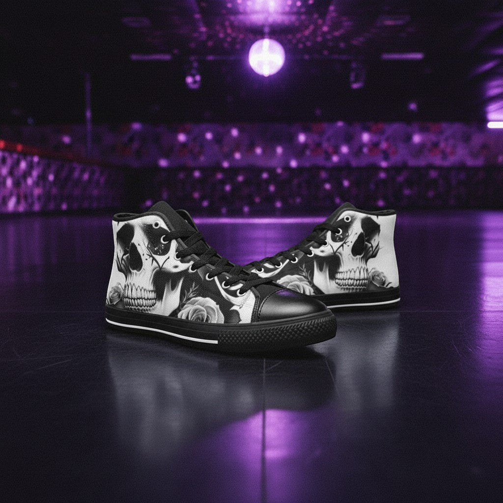 Freaky Shoes® women's black and white high-top canvas sneakers featuring a detailed skulls and roses print design.