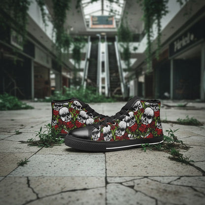 Freaky Shoes® women's high-top canvas sneakers featuring a vibrant skulls and red roses print in an abandoned mall.