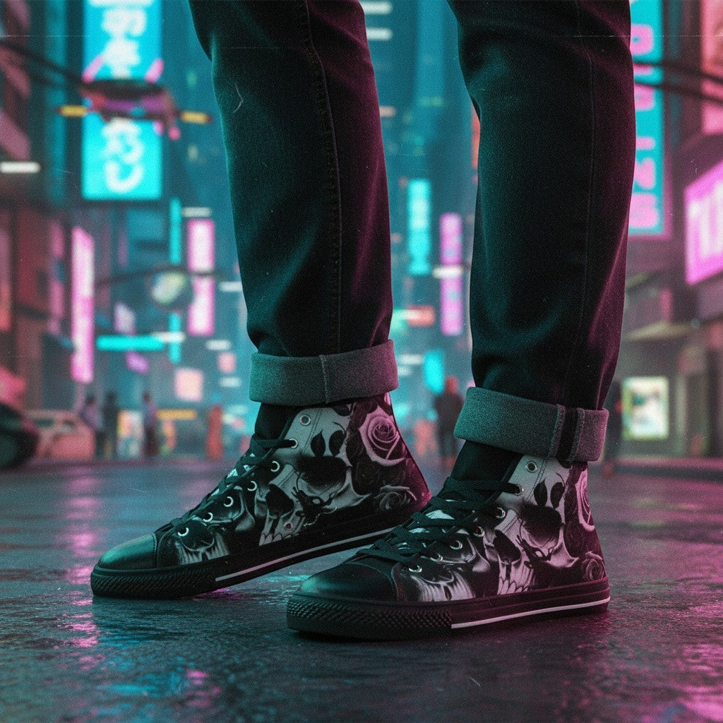 Freaky Shoes® high-top canvas sneakers featuring a black and white greyscale skulls and roses print on a city street.