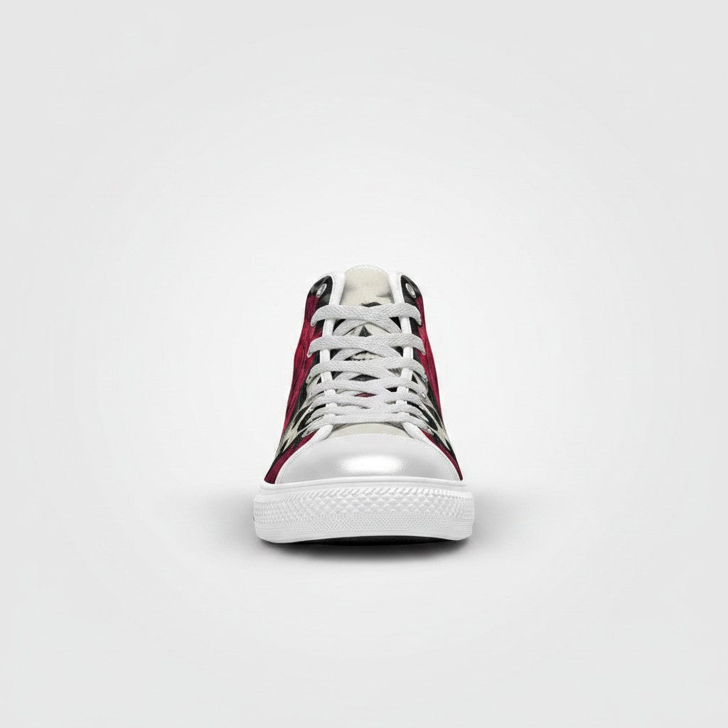 Freaky Shoes® men's high-top canvas sneakers featuring a bold red and black skulls and roses print