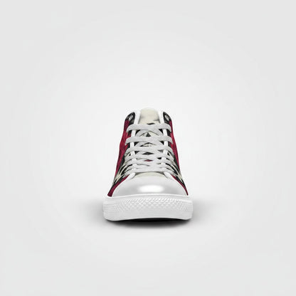 Freaky Shoes® men's high-top canvas sneakers featuring a bold red and black skulls and roses print