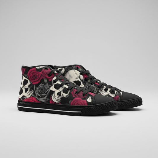 Freaky Shoes® high-top canvas sneakers featuring a bold black, white, and red skulls and roses print pattern.