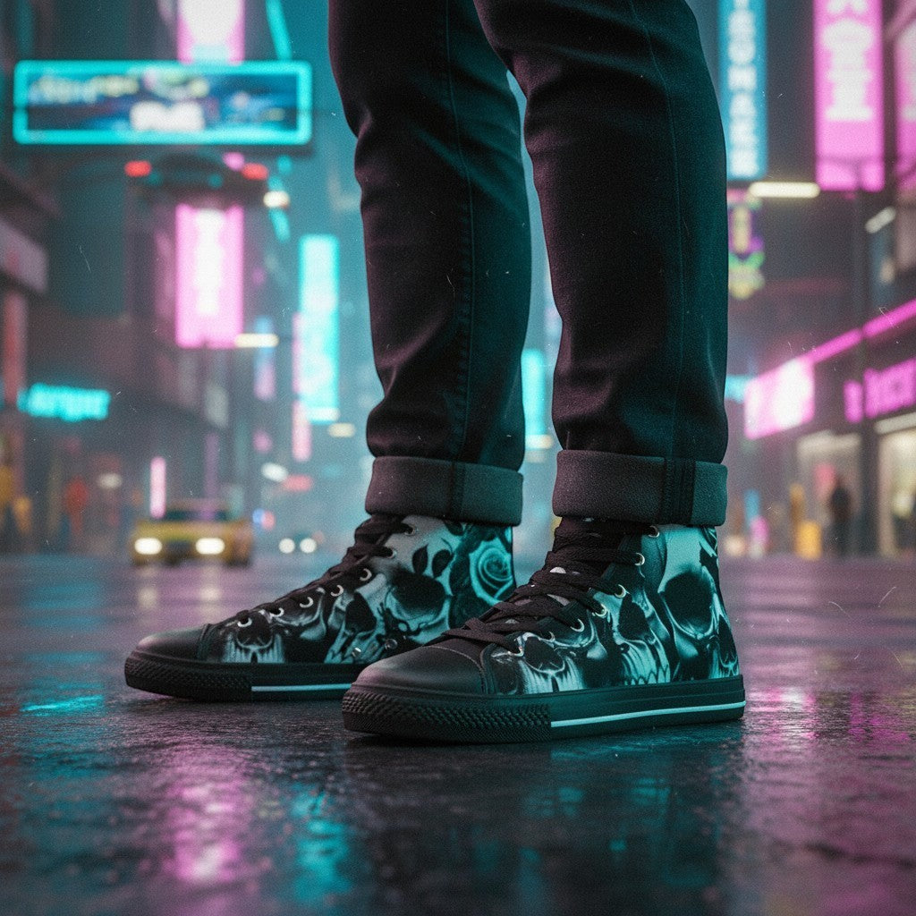 Freaky Shoes® high-top canvas sneakers featuring a black and white greyscale skulls and roses print on city street