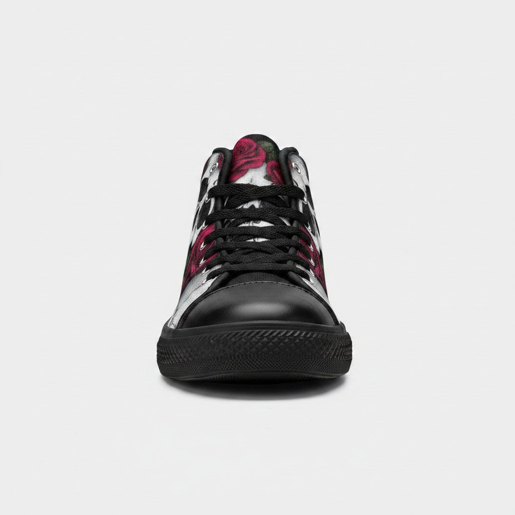 Freaky Shoes® women's high-top canvas sneakers featuring a bold black and white skull and red rose floral print.