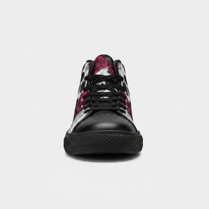 Freaky Shoes® women's high-top canvas sneakers featuring a bold black and white skull and red rose floral print.