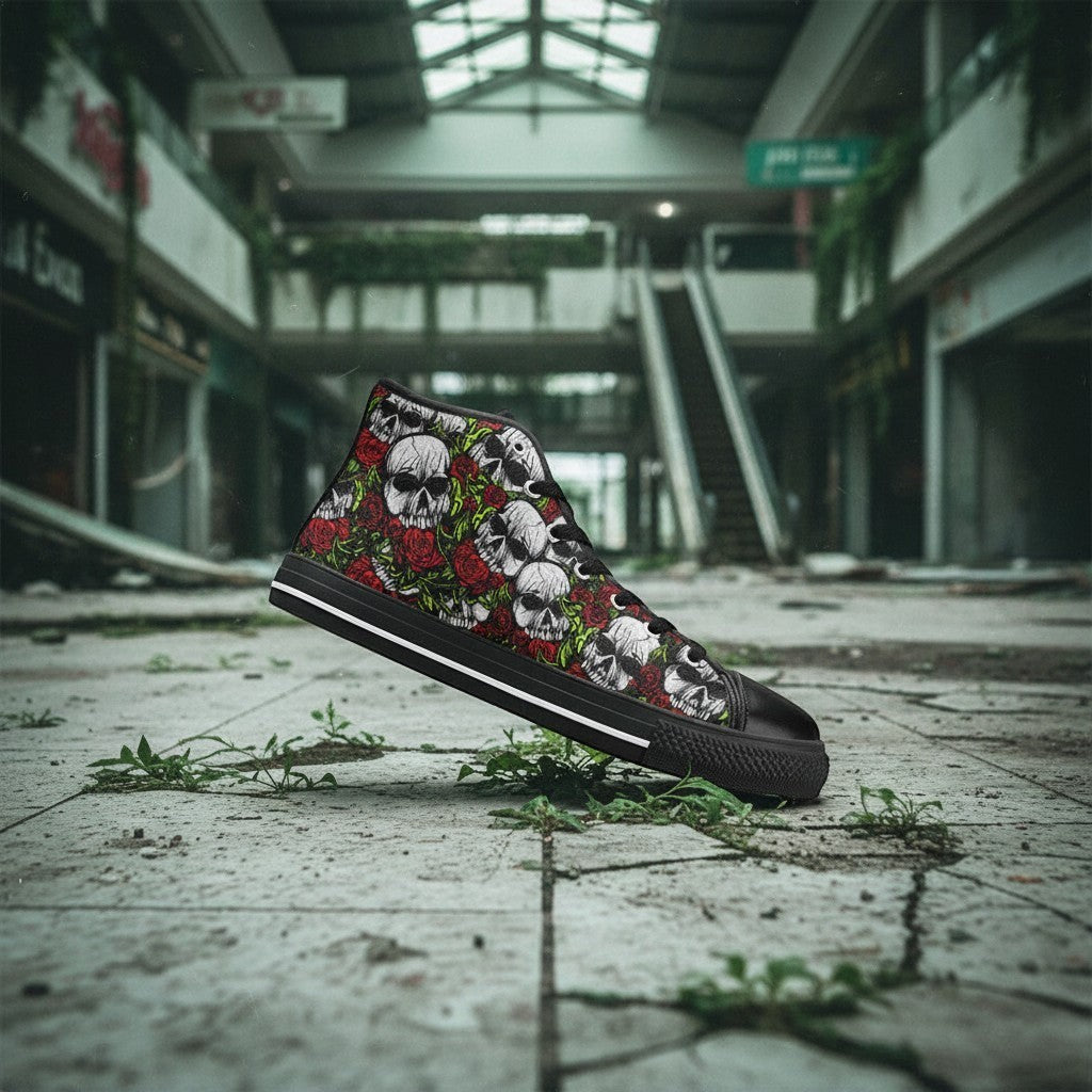 Freaky Shoes® women's high-top canvas sneakers featuring a vibrant skulls and roses print in an abandoned mall setting.