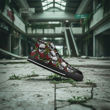 Freaky Shoes® women's high-top canvas sneakers featuring a vibrant skulls and roses print in an abandoned mall setting.