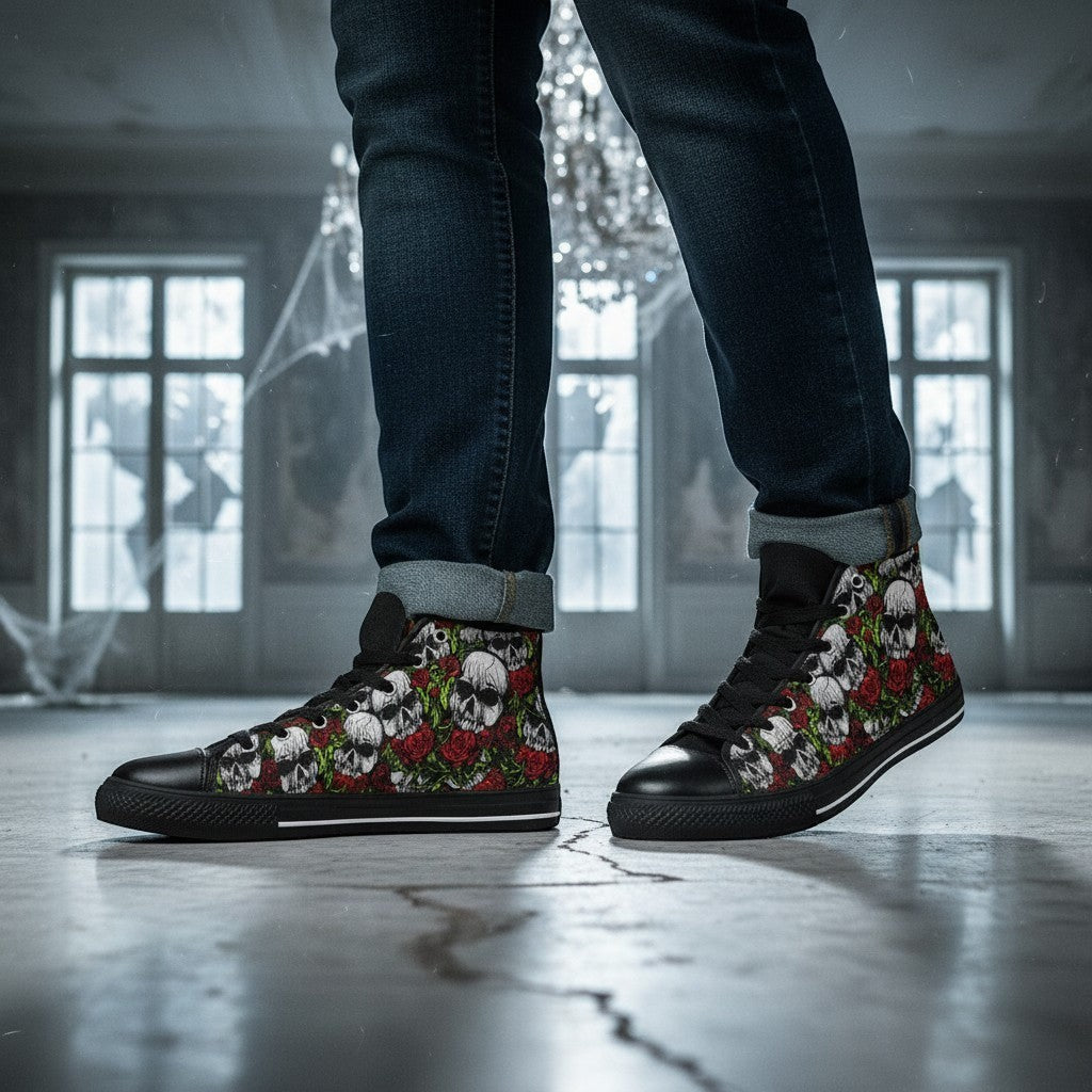 Freaky Shoes® high-top canvas sneakers featuring a vibrant skulls and roses print, worn with dark denim jeans.