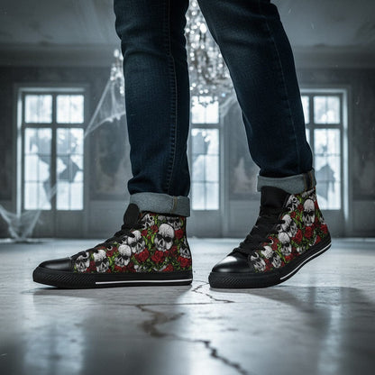 Freaky Shoes® high-top canvas sneakers featuring a vibrant skulls and roses print, worn with dark denim jeans.