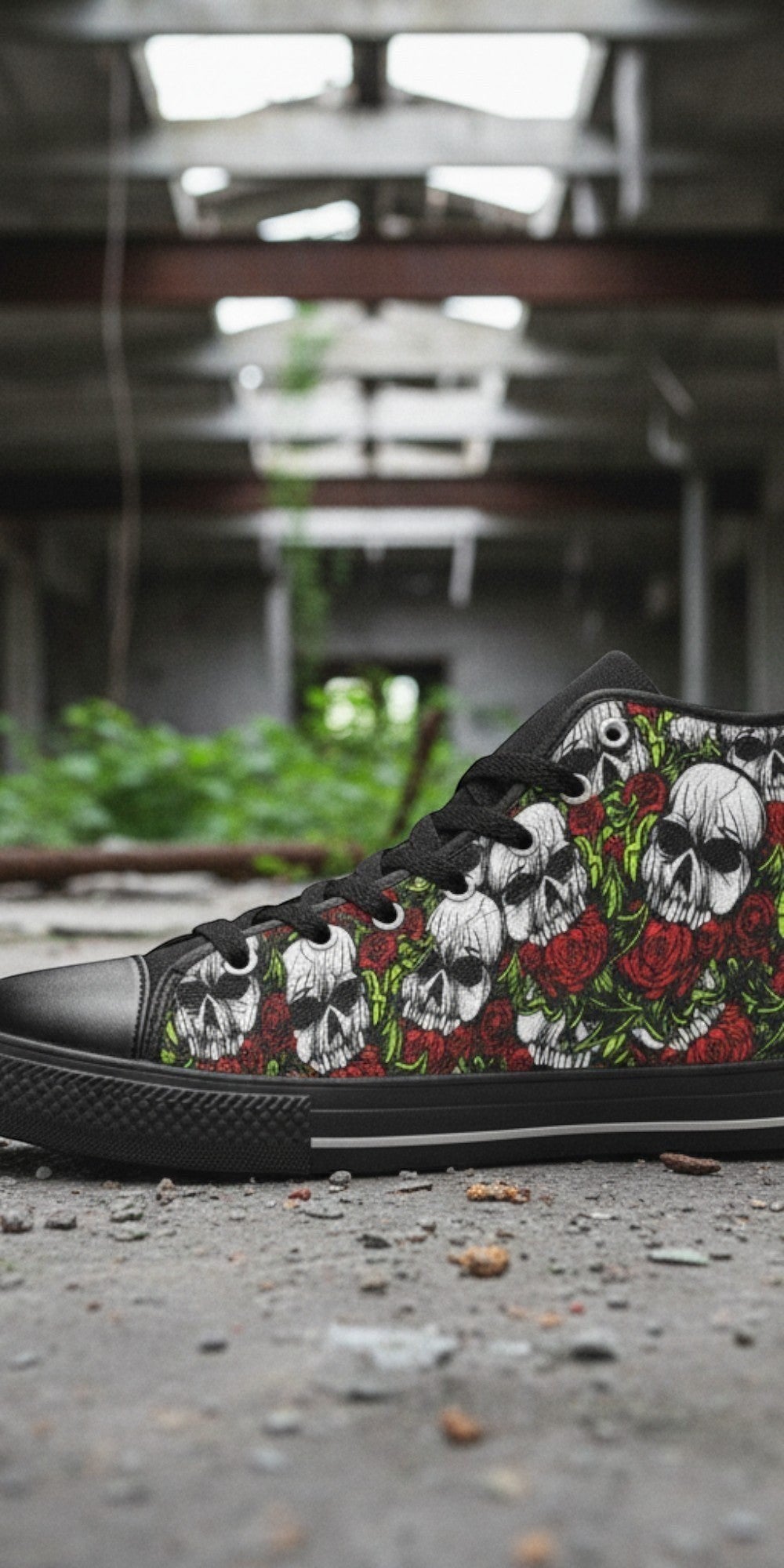 Custom Men's Skulls & Roses high-top canvas shoes with bold all-over art — Freaky Shoes