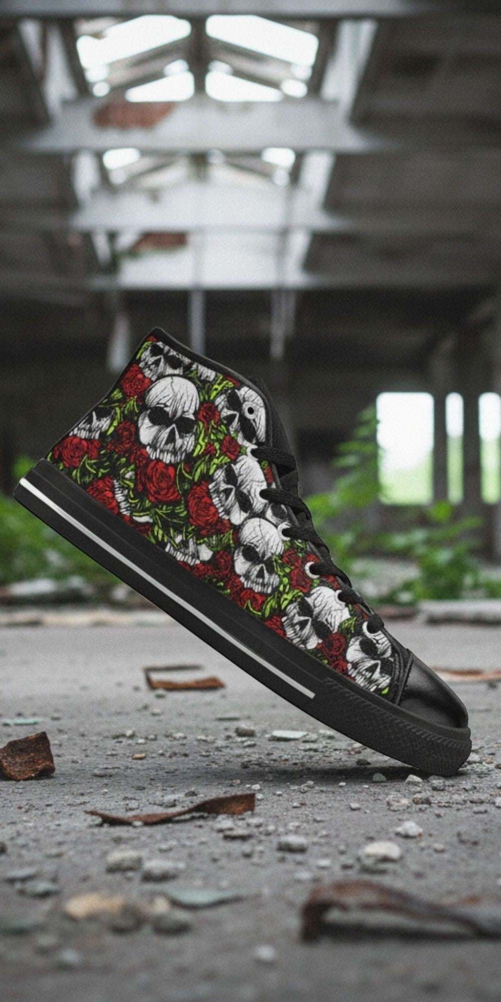 Men's Skulls & Roses custom high-top canvas shoes — wearable art by Freaky Shoes