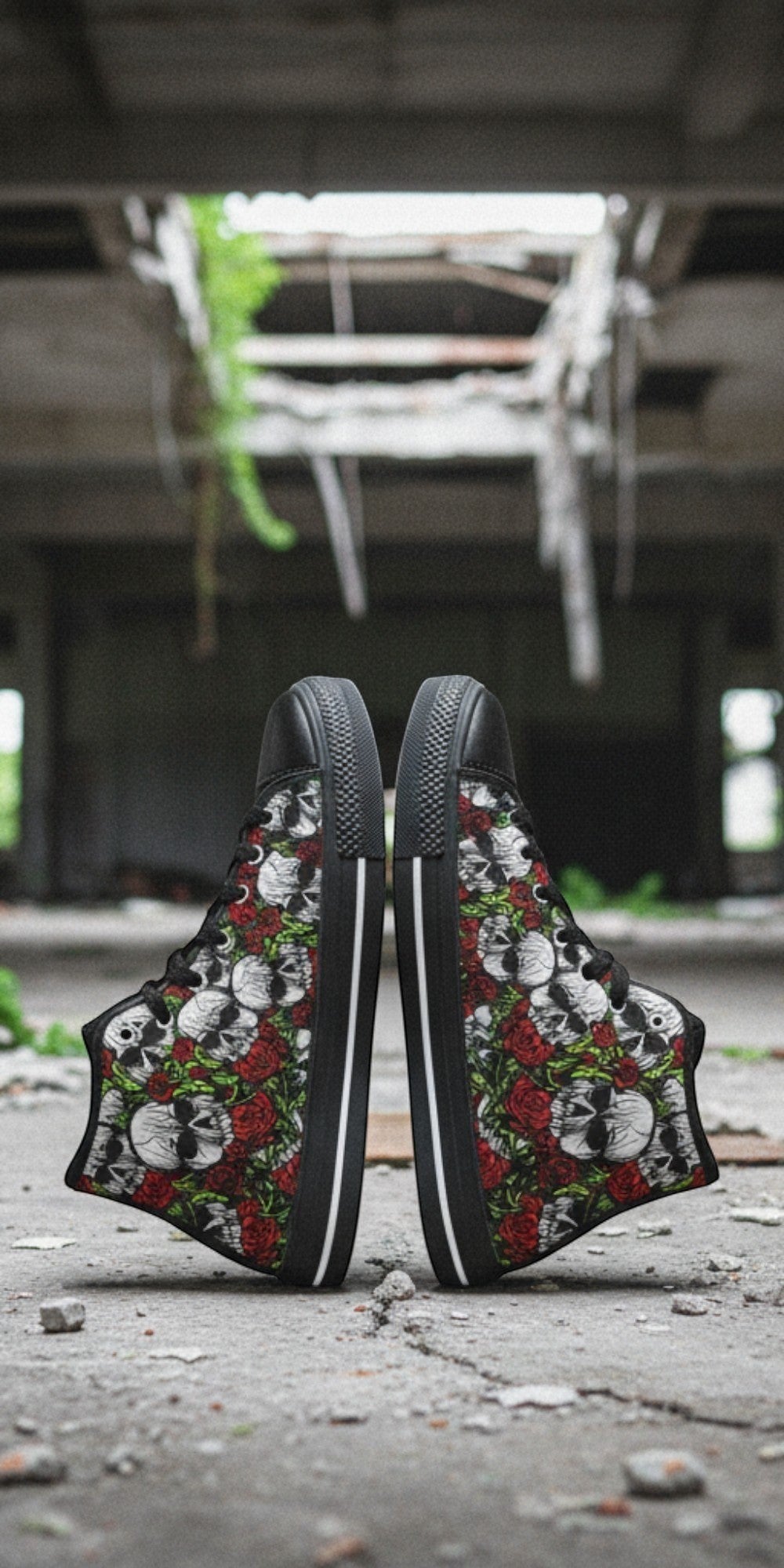 Custom Men's Skulls & Roses high-top canvas shoes with bold all-over art — Freaky Shoes