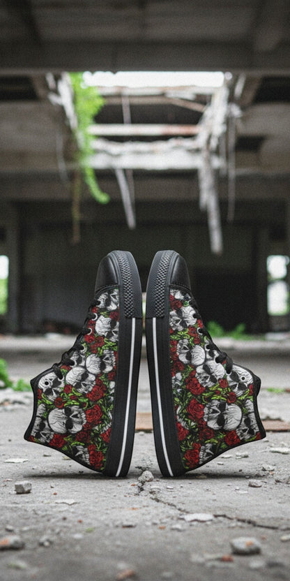 Custom Men's Skulls & Roses high-top canvas shoes with bold all-over art — Freaky Shoes
