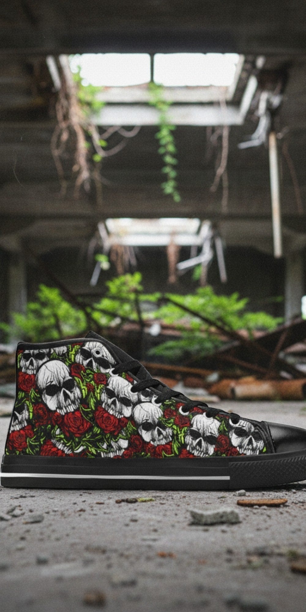 Men's Skulls & Roses high-top canvas shoes — one-of-a-kind custom printed art, Freaky Shoes