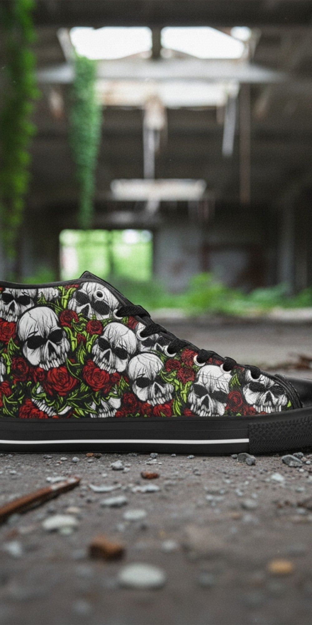 Men's Skulls & Roses high-top canvas shoes — one-of-a-kind custom printed art, Freaky Shoes