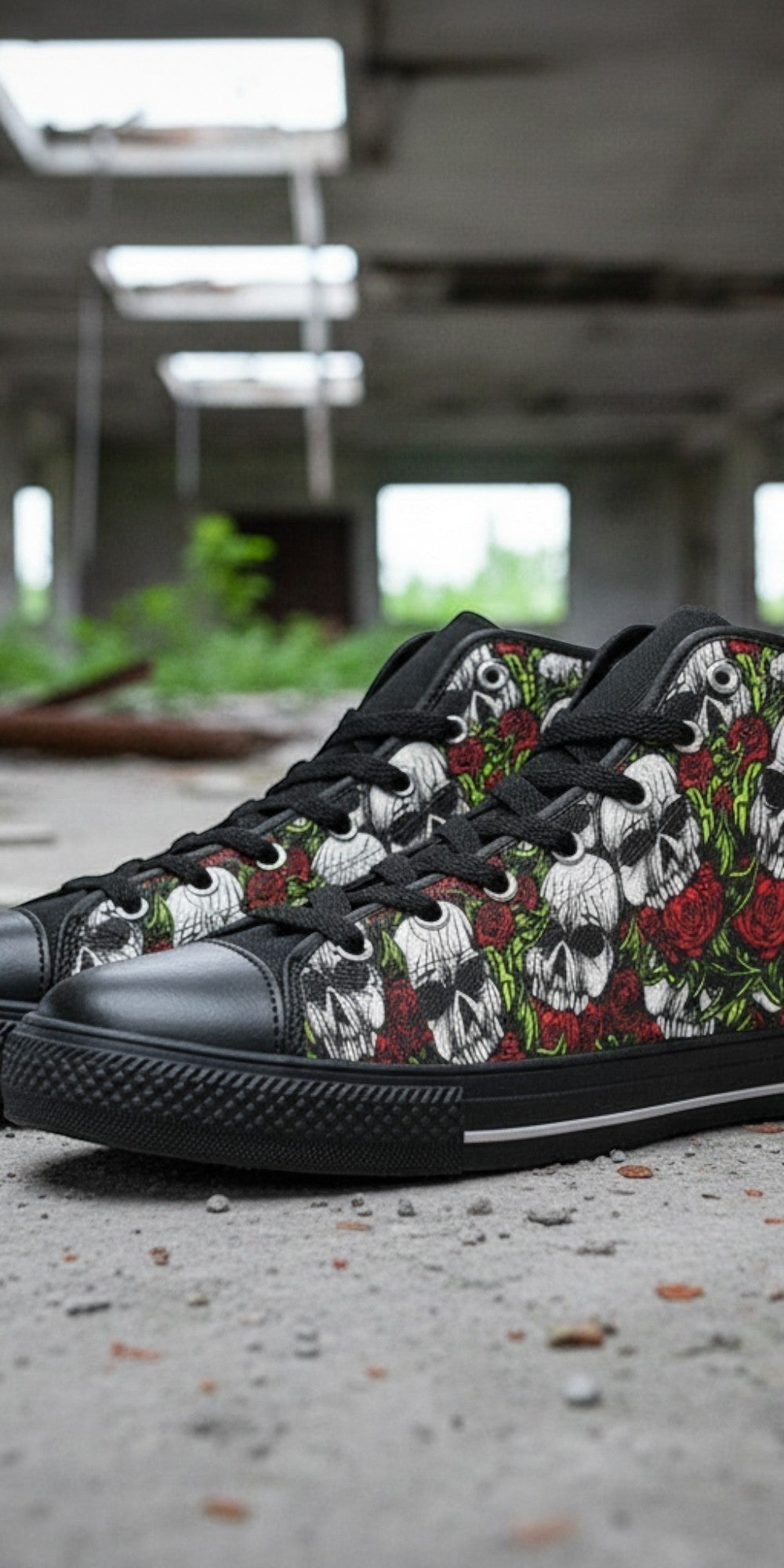 Men's Skulls & Roses high-top canvas shoes, custom full-wrap printed design — Freaky Shoes