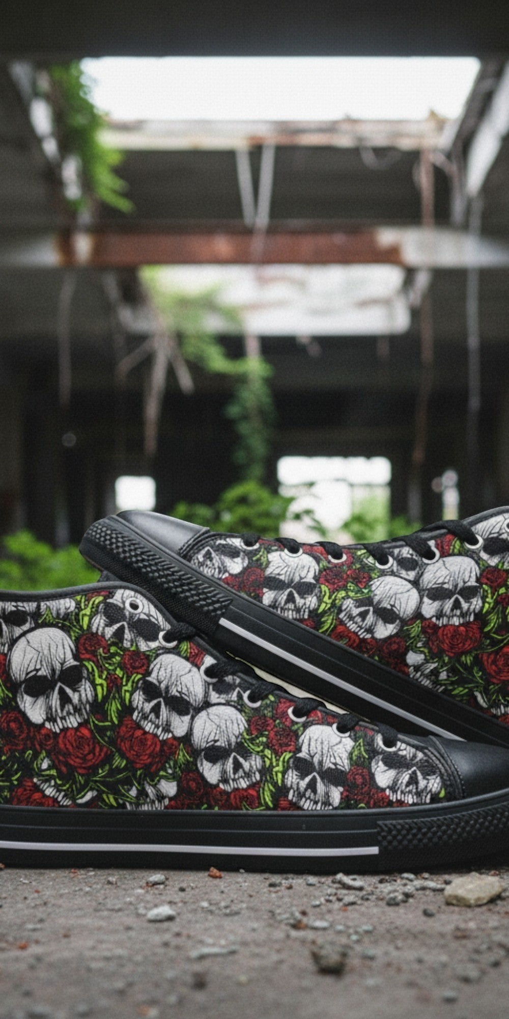 Men's Skulls & Roses custom high-top canvas shoes — wearable art by Freaky Shoes